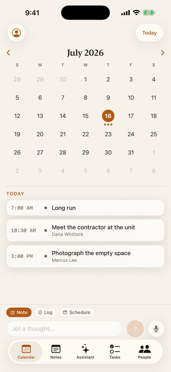 Command's calendar on iPhone: a month grid with today marked, and the day's work listed beneath — a long run at 7:00 AM, a contractor meeting at 10:30 assigned to Dana Whitlock, and a photography session at 3:00 PM assigned to Marcus Lee.
