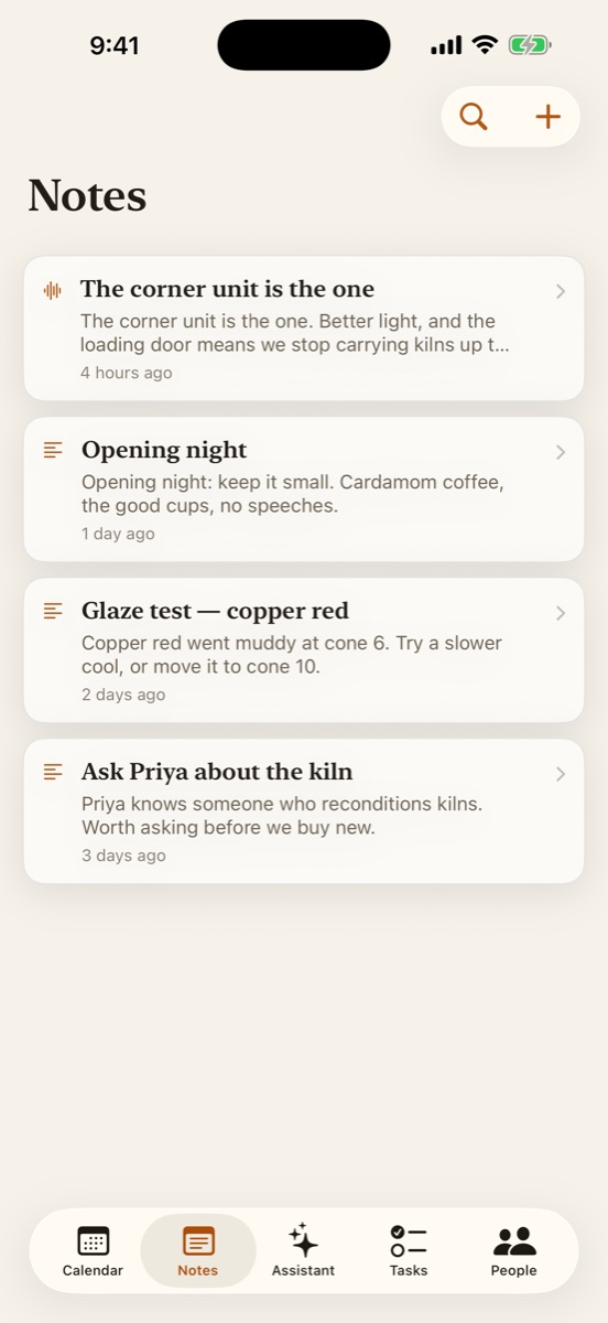 Command's Notes screen on iPhone, listing captured notes with a text field at the bottom for typing a thought and a microphone button for speaking one.