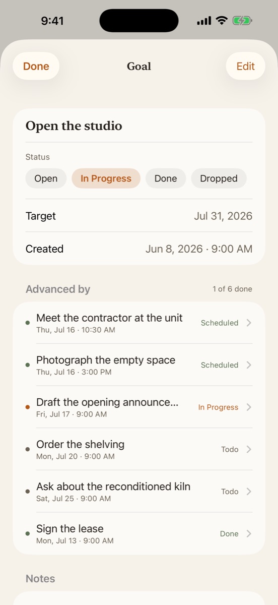 A goal page in Command titled 'Open the studio', showing its status, a target date, and an 'Advanced by' list of the six assignments beneath it with one marked done.