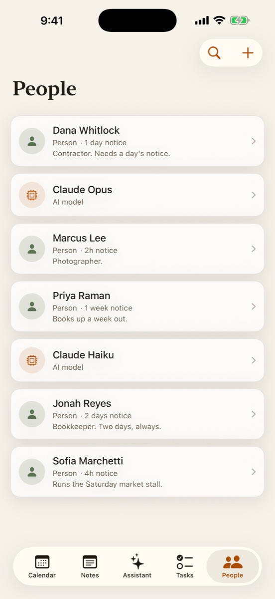 Command's People screen on iPhone: a single roster listing Dana Whitlock with one day's notice, Claude Opus marked as an AI model, Marcus Lee with two hours' notice, Priya Raman with a week's notice, and others.