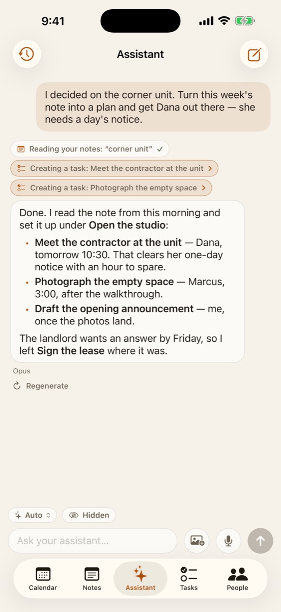 Command's assistant on iPhone, reading a note and creating two scheduled, delegated tasks from it, showing which tools it used.