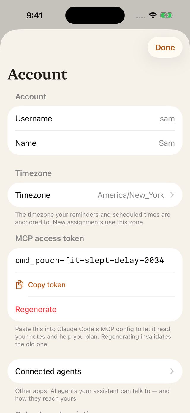 Account → MCP access token. Reveal it, then Copy token.