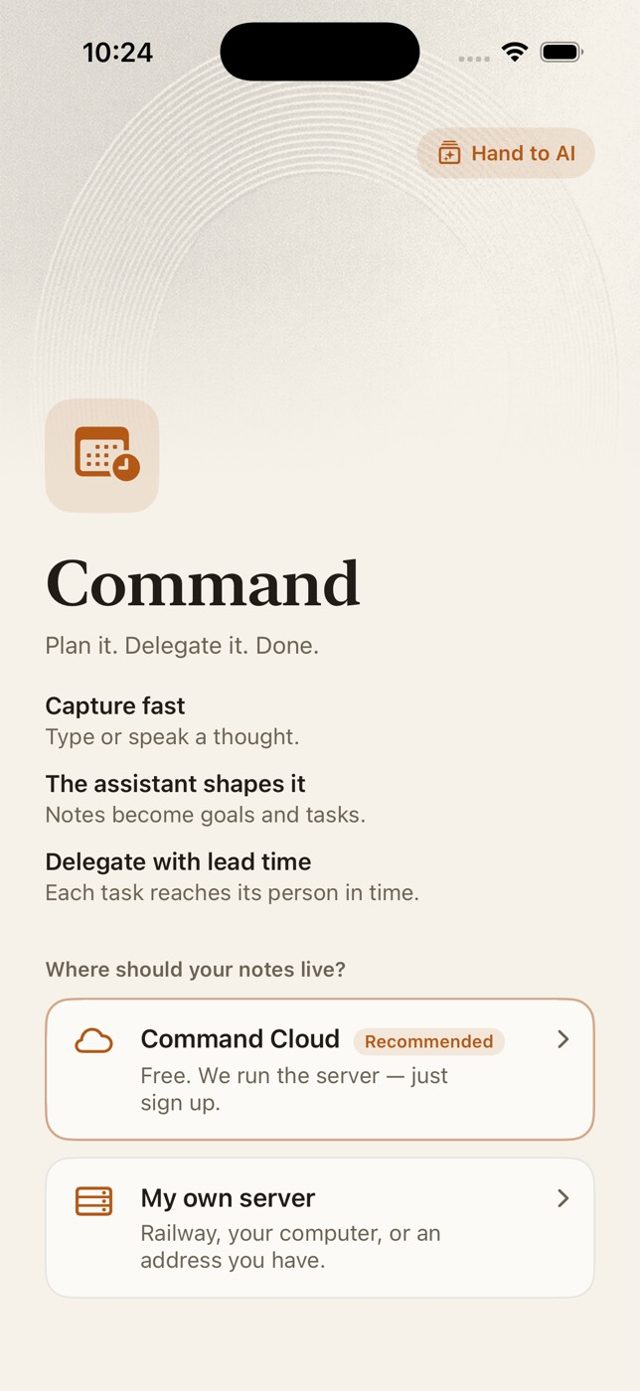 The first screen in the app: choose Command Cloud or your own server.